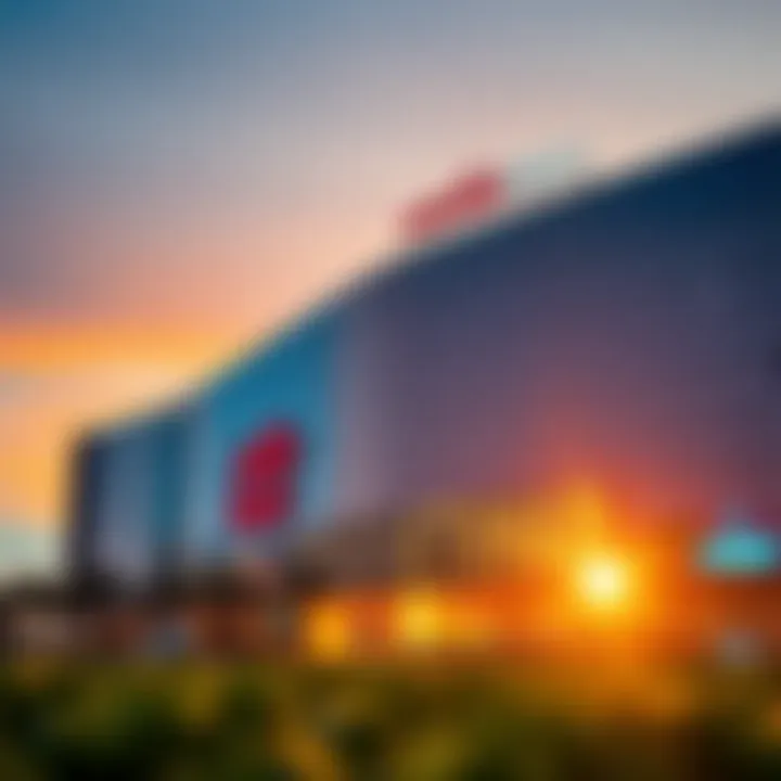 Exterior of Adib Etihad Mall during sunset, reflecting modern Dubai skyline
