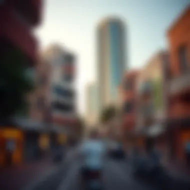 Vibrant neighborhood surrounding Al Sondos Tower, depicting urban life in Dubai