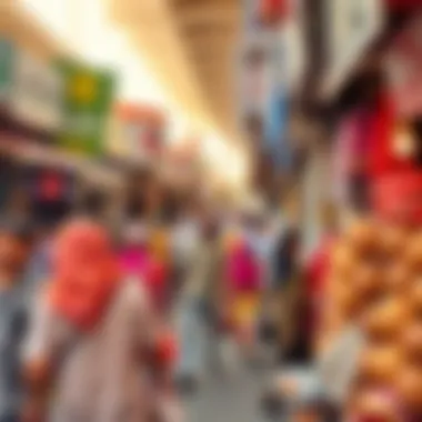 A bustling Dubai market scene illustrating cultural diversity and expatriate influence