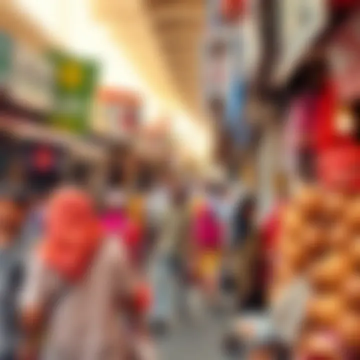 A bustling Dubai market scene illustrating cultural diversity and expatriate influence
