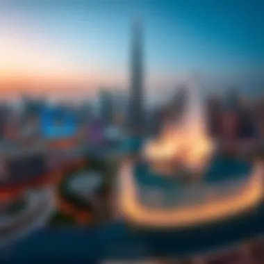 Panoramic view of the Burj Khalifa and the fountain