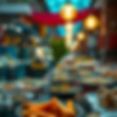 Vibrant food market scene with various dishes