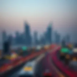Iconic Dubai skyline with transit routes highlighted