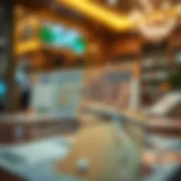 Emirati Dirhams banknotes in a currency exchange setting