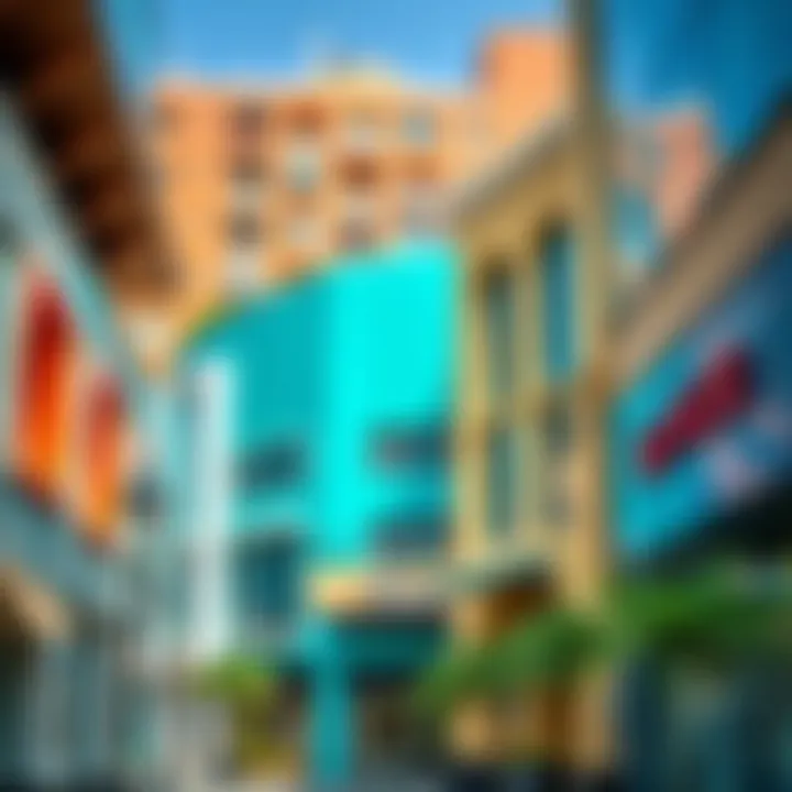 An overview of a vibrant design district in Dubai with various architectural styles