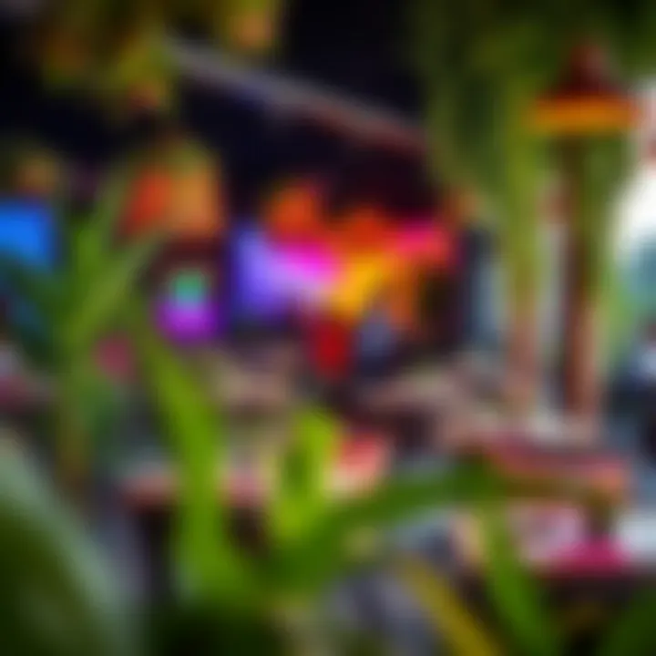 Lively Atmosphere in Outdoor Dining Space Vibrant outdoor dining area filled with lush decor