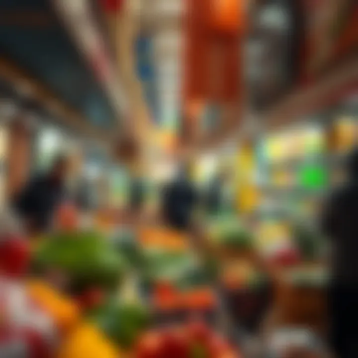 A vibrant market scene highlighting local grocery shopping