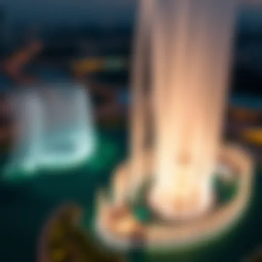 Mesmerizing aerial view of the Dubai Fountain Show at dusk