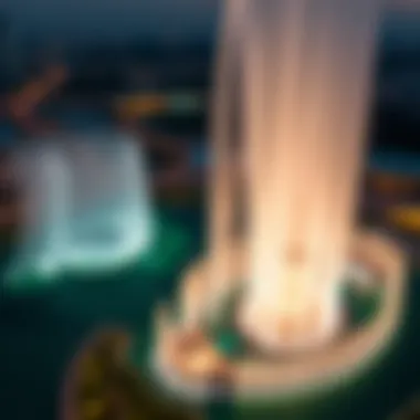 Aerial Perspective of the Dubai Fountain Show Mesmerizing aerial view of the Dubai Fountain Show at dusk