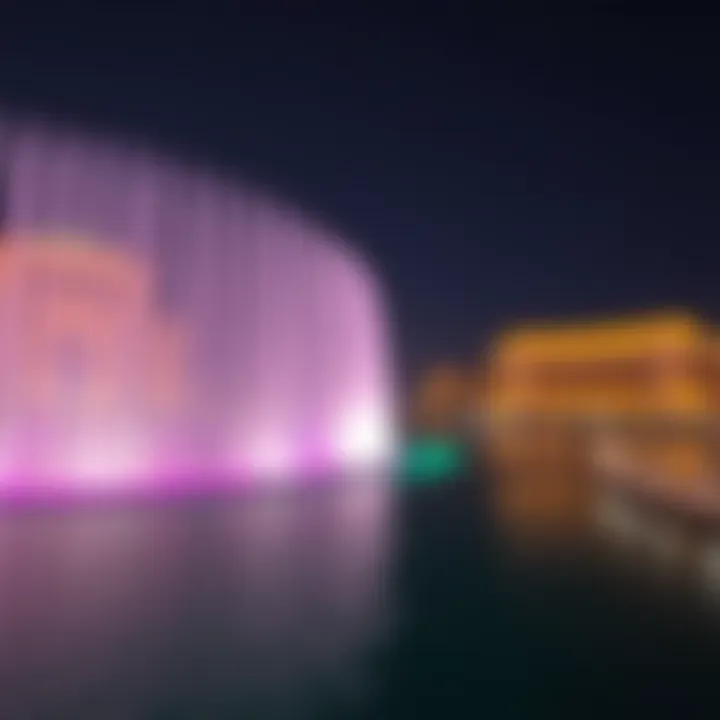Nighttime view showcasing the Dubai Fountain illuminated by colorful lights