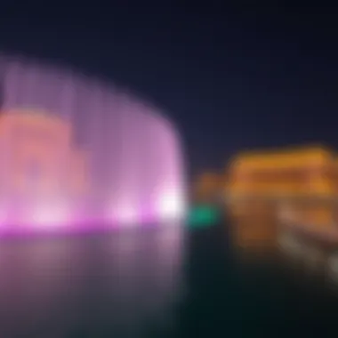 Nighttime Illumination of the Dubai Fountain Nighttime view showcasing the Dubai Fountain illuminated by colorful lights