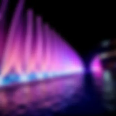 Close-up of water choreography synchronized with vibrant lights