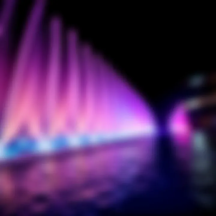 Close-up of water choreography synchronized with vibrant lights