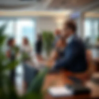 A bustling real estate office in Dubai with agents and clients