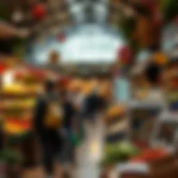 A vibrant market showcasing diverse food options from around the world