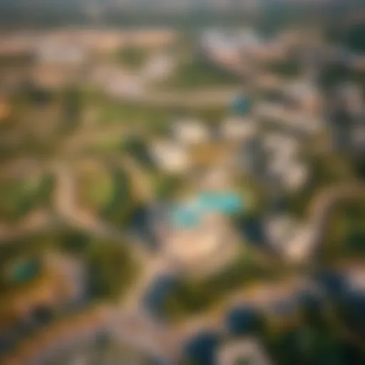 Breathtaking aerial view of Al Khawaneej showcasing its lush green parks and modern architecture