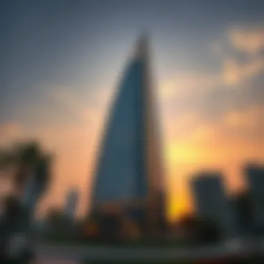 Stunning exterior view of Al Meraikhi Tower at sunset