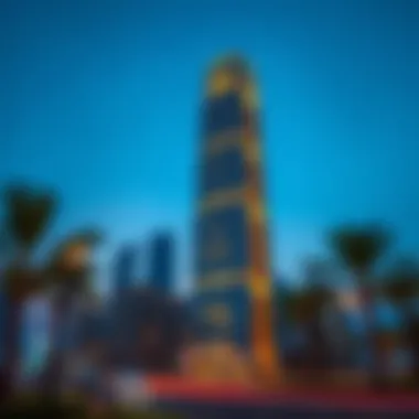 Evening shot of Al Roda Tower 2 illuminated, emphasizing its prominence in the city.