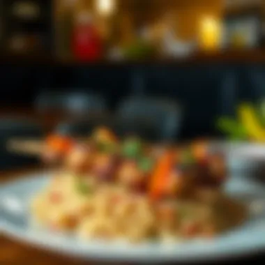 Grilled Kebabs with Aromatic Rice A vibrant dish of grilled kebabs served with fragrant rice