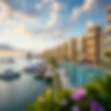 Panoramic view of Blue Waters Bay showcasing luxury waterfront apartments
