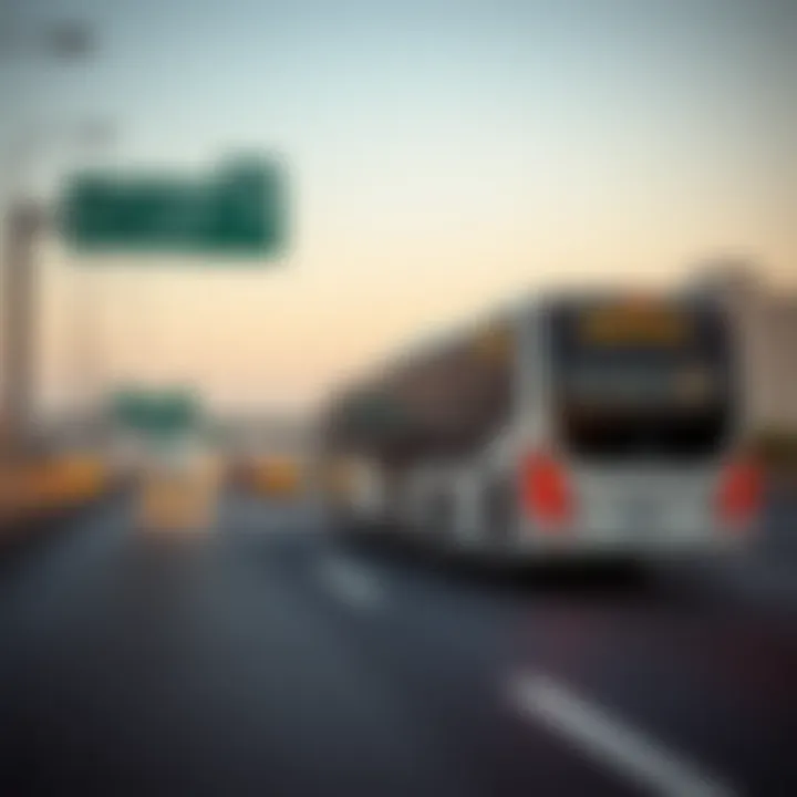 A modern bus traveling on the highway between Abu Dhabi and Dubai