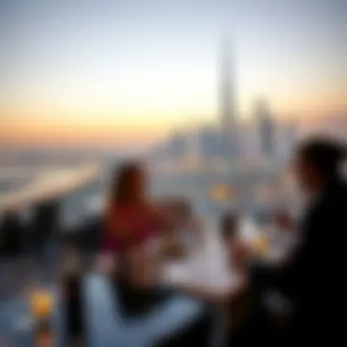 A panoramic view of Dubai's skyline from a rooftop restaurant