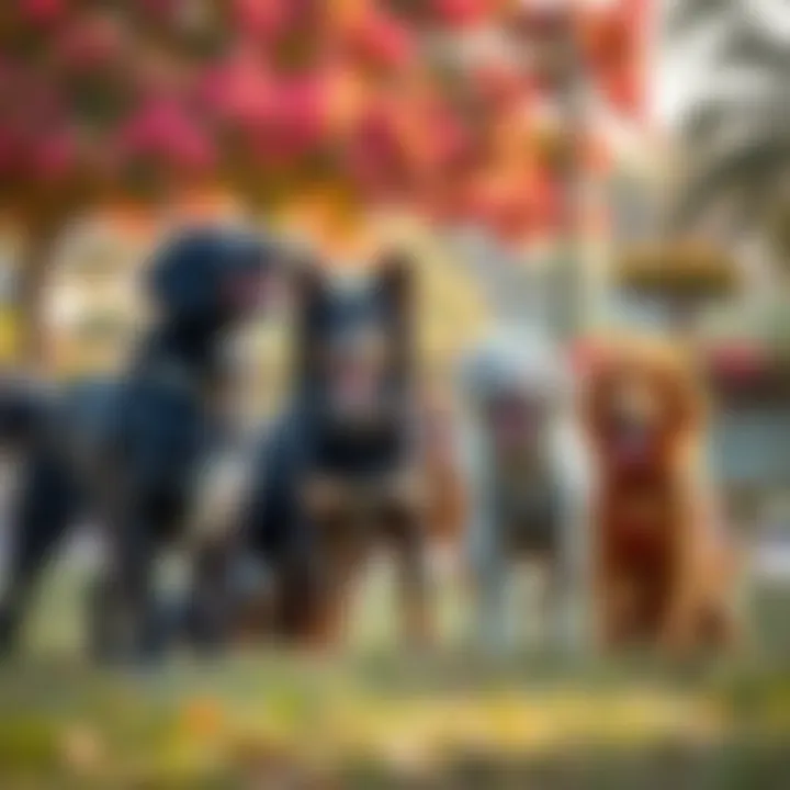 Dogs playing together in a vibrant park setting