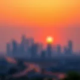 Panoramic view of Dubai skyline at sunset showcasing iconic skyscrapers