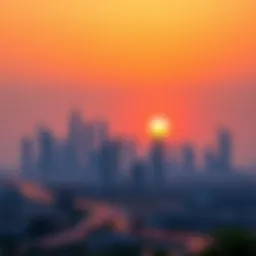 Panoramic view of Dubai skyline at sunset showcasing iconic skyscrapers