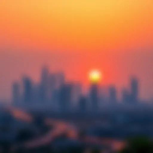 Panoramic view of Dubai skyline at sunset showcasing iconic skyscrapers