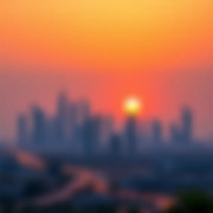 Panoramic view of Dubai skyline at sunset showcasing iconic skyscrapers