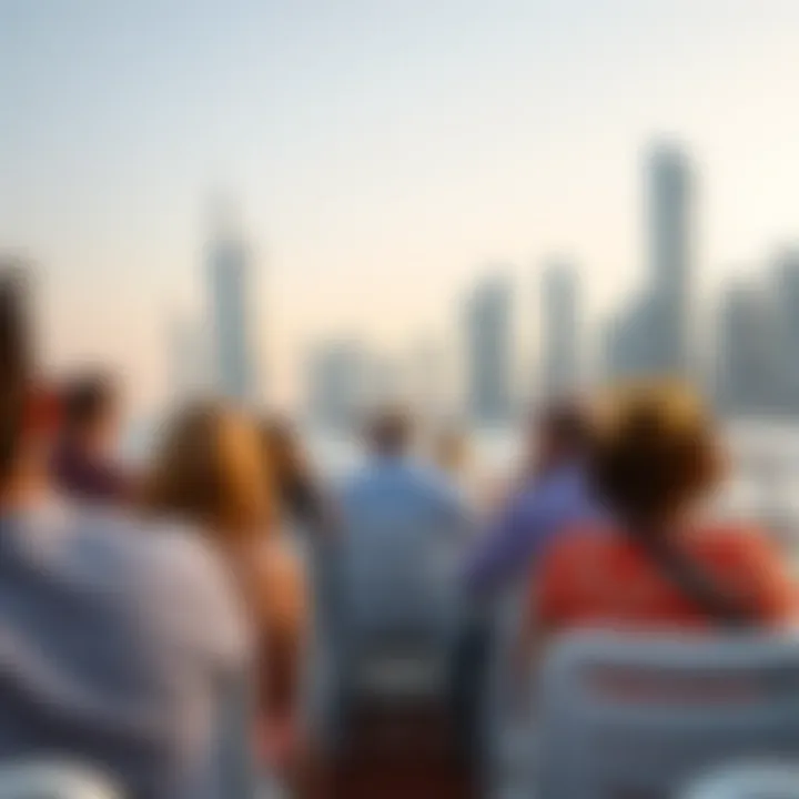 Passengers enjoying a ferry ride with iconic Dubai skyline in the background