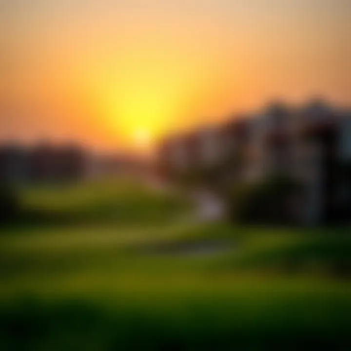 Sunset over Golf Course and Residences Sunset over a golf course with residential buildings in the background