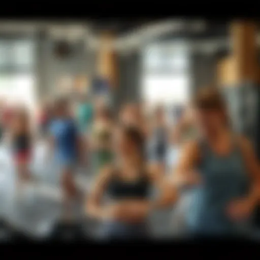A bustling gym filled with diverse members engaging in various workout routines
