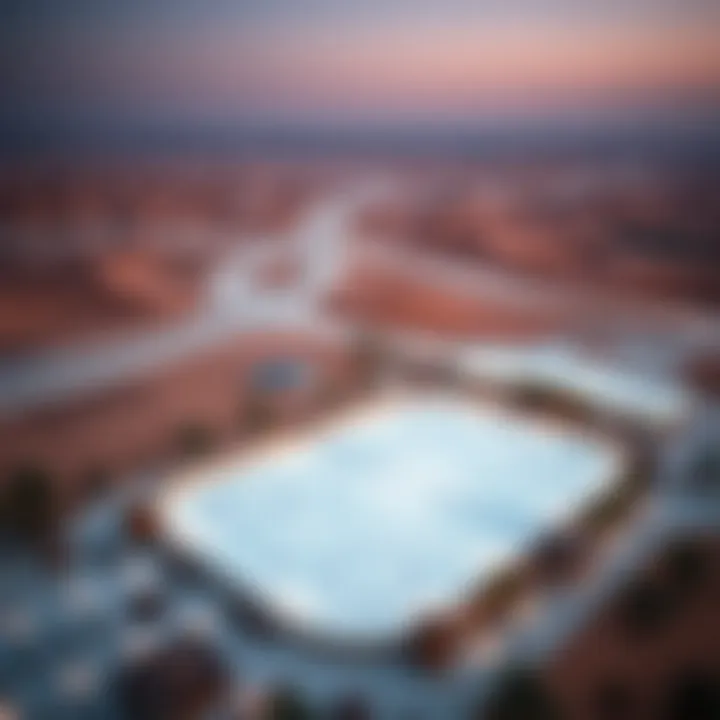 An aerial view highlighting the contrast between the ice rink and the surrounding desert landscape