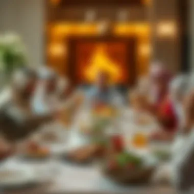 A traditional Jordanian gathering celebrating with mansaf at a dining table.