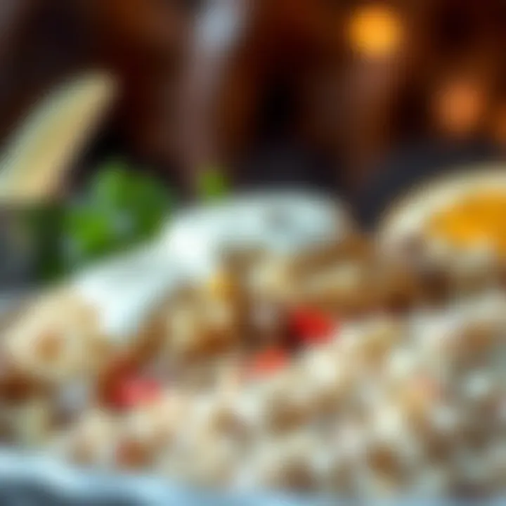 A close-up of mansaf showcasing the layers of rice, lamb, and yogurt sauce.