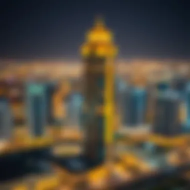Night view of Gold Crest Executive Tower illuminated against Dubai skyline