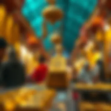 A close-up of a gold bar within the bustling market atmosphere.