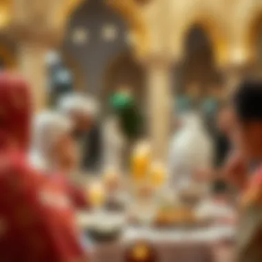 Unity in Tradition: Community Gathering at Iftar Community gathering breaking fast together in a culturally rich setting.