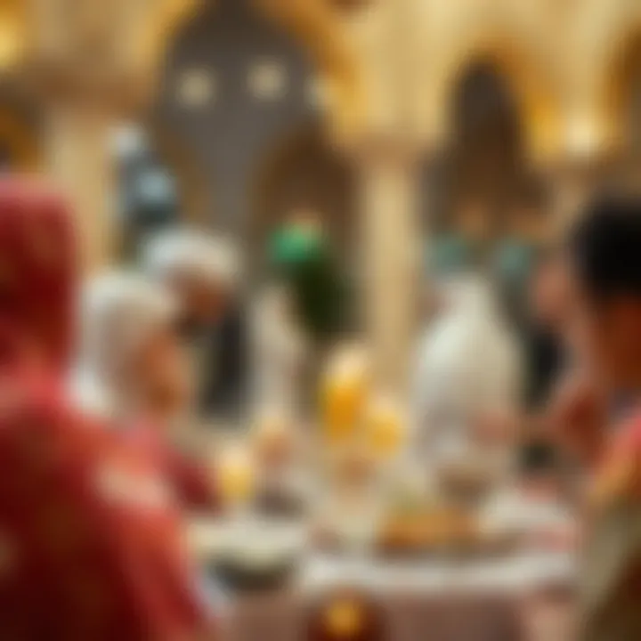 Unity in Tradition: Community Gathering at Iftar Community gathering breaking fast together in a culturally rich setting.