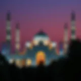 A serene view of a mosque illuminated at dusk during Ramzan.