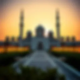 Stunning view of the Sheikh Zayed Grand Mosque at sunset