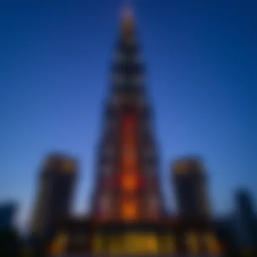 Falcon Tower Illuminated Falcon Tower at dusk showcasing its illuminated facade