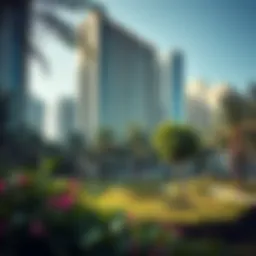 A lush park in the heart of Dubai showcasing the contrast between greenery and urban architecture