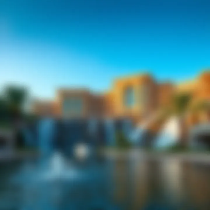 A stunning view of Jumeirah Waterfalls, showcasing its architectural design and the surrounding landscape