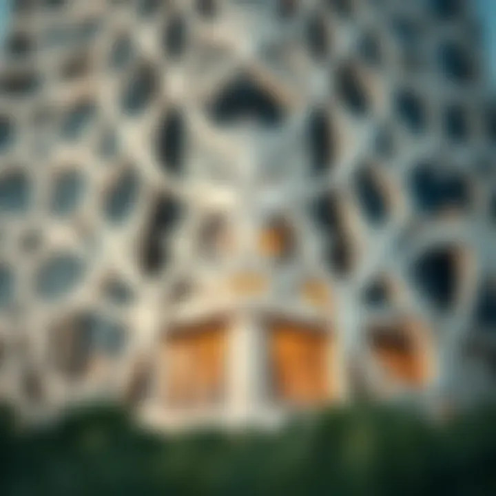 Architectural close-up of the Marina Square facade showcasing intricate design