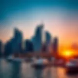 Stunning skyline view of the Marina Square building at sunset