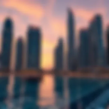 Dubai's Architectural Marvels at Dusk Skyscrapers reflecting in water at sunset