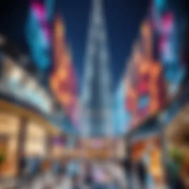 Vibrant atmosphere of The Dubai Mall with shoppers and iconic Burj Khalifa in the background.